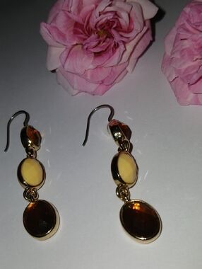 Gold Drop Earrings with Amber and Cream Stones